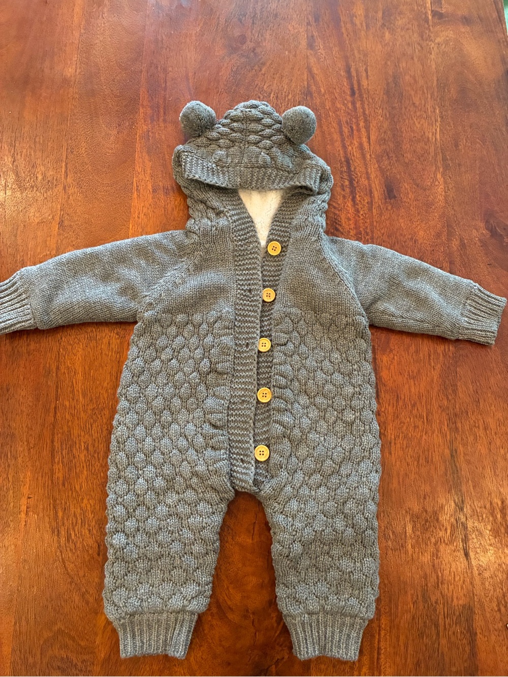 Petit Vadrouilleur, Nina, Soft Grey Knit Baby Winter Romper Snowsuit